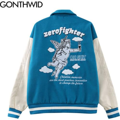 GONTHWID Harajuku Streetwear Baseball Jackets Embroidered Angel Gun Leather Sleeve Bomber Coats Hip Hop Casual Fashion Tops