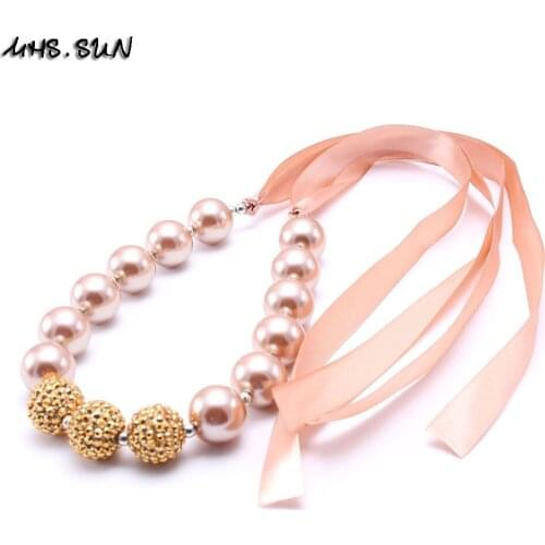 MHS.SUN 2pcs Gold Color Ribbon Kids Chunky Bubblegum Necklace Girl Children Chunky Bead Necklace Jewelry Best Gift For Baby