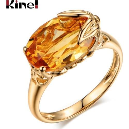 Kinel Fashion Gold Bridal Wedding Ring Simple Leaf Yellow Big Zircon Engagement Rings For Women Vintage Jewelry Drop Shipping