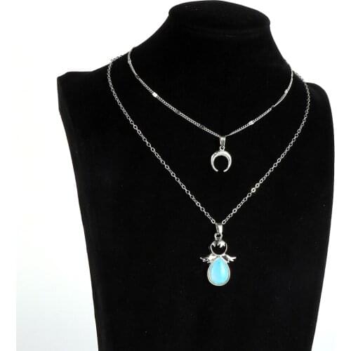 Fashion Women Multi Layer Natural Stone Angel Moon Pendant Choker Necklace Opal Pink Crystal Pendants Chain Necklace Collier