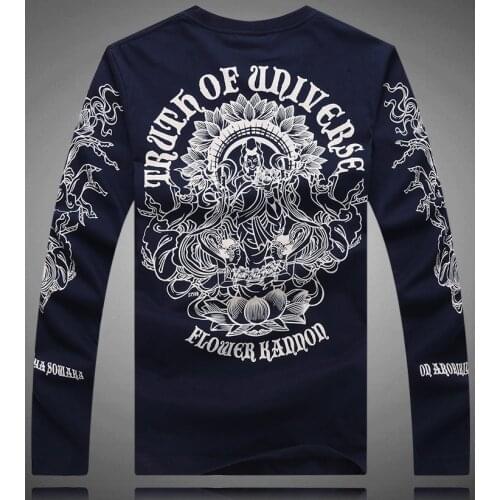 Mens Hip Hop Vintage Loose Style T-shirt Lotus Flower Printing Japan Tattoo Design Long Sleeve T-shirt Fashion 100% Cotton Tee