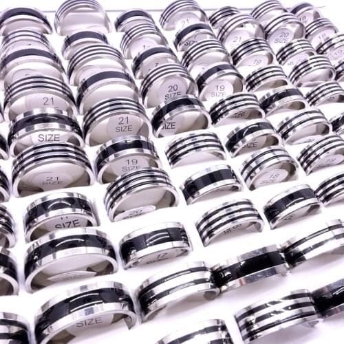Wholesale 100pcs/Lot Mens Stainless Steel Rings Black Enamel Stripes 8mm Band Classic Style Internal Polishing Wear Comfortable