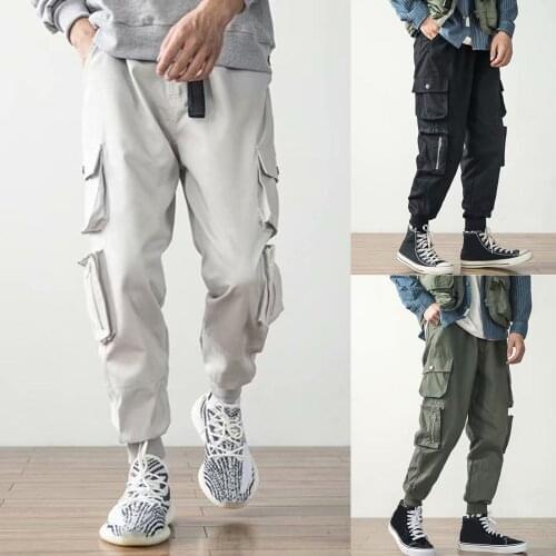 Men Sweatshirts Jogging Pants Men Casual Pants Men Casual Multi Pockets Ankle Tied Drawstring Long Cargo Pants Loose Trousers