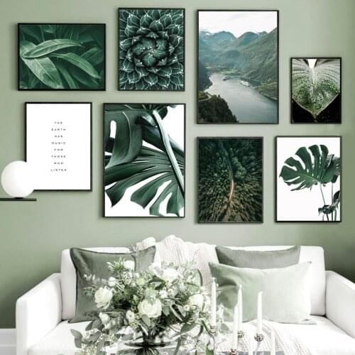 Mountain River Forest Monstera Cactus Dew Wall Art Canvas Painting Nordic Posters And Prints Wall Pictures For Living Room Decor