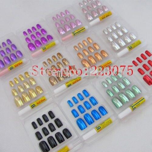 New 288pcs Metal Plating 12 Metallic Color False French Acrylic Nail Tips With Nail Glue 12 sizes 12case/lot