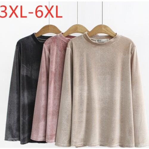 New 2021 Ladies Autumn Winter Plus Size Basic Tops For Women Large Long Sleeve Beige Pink Pleuche O-neck T-Shirt 3XL 4XL 5XL 6XL