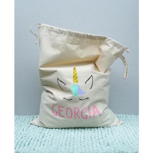 Personalized unicorn kids stylish storage Canvas toy bags Santa Sacks birthday Gift bags natural cotton drawstring storage bag