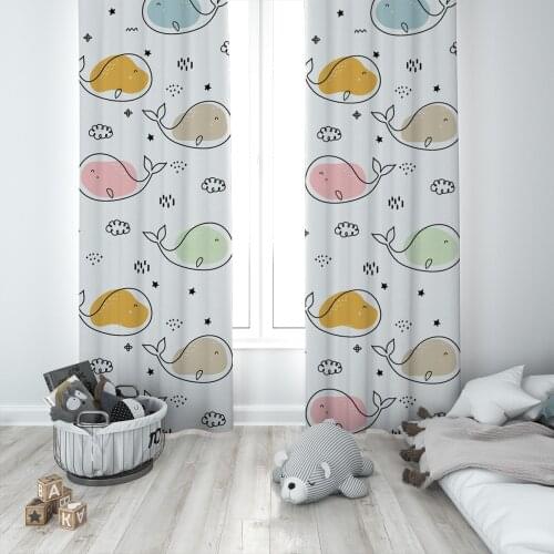 Curtains Children 3D Printed Decorative Items Home Childrens Room Beige Whales Model 1413