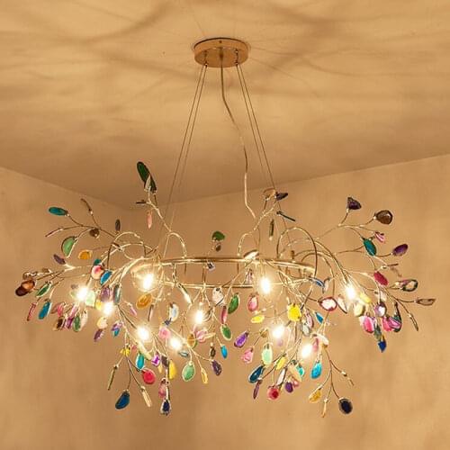Nordic Style Agate Stone Livingroom LED Chandeliers Creative Colorful Leaves Romantic Diningroom Bedroom Bar Lighting Fixtures