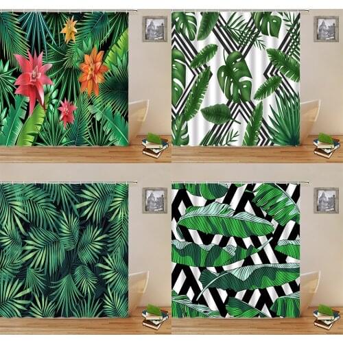 Tropical Plants Flower Leaves Shower Curtains Sets Green Banana Bamboo Plant Leaf Flamingo Bathroom Polyester Hanging Decor
