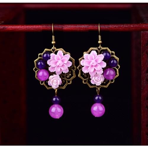 Retro Ethnic Style Violet Synthetic Flower Eardrop Vintage Bronze Color Alloy Personal Earrings Women Party Jewelry Gift Classic
