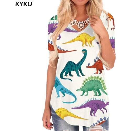 KYKU Dinosaur T-shirt women Animal Shirt Print Colorful V-neck Tshirt Harajuku Funny T shirts Womens Clothing Summer Cool Style