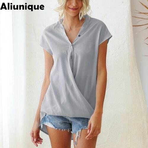 Aliunique New V-neck Chiffon Shirt For Women 2021 Summer Leisure Vacation Travel Elegant Temperament Blouse Loose Shirt