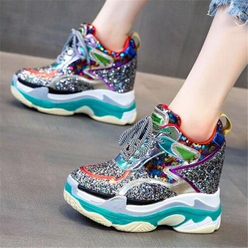Increasing Height Fashion Sneakers Women Shiny Glitter Leather Platform Wedge Ankle Boots High Heels Shoe 34 35 36 37 38 39