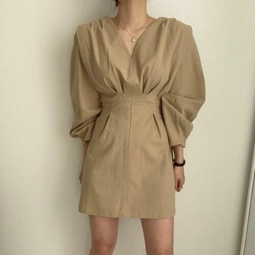 Zoki Elegant Women Mini Dress Fashion Tunic Korean Lantern Long Sleeve Ladies Party Vestidos Spring Chic Sexy V Neck Solid Dress