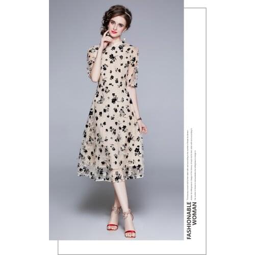 Women New Fashion High Street Dress Wear Retro Round Neck Short Sleeve Embroidered Lace Mesh Elegant Vestidos De Mujer