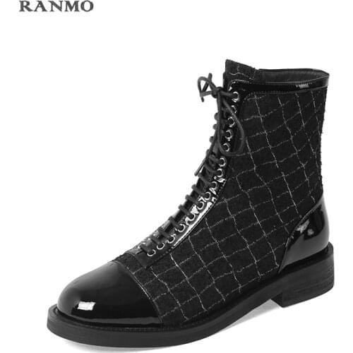 Winter Square Toe Thick Heel Fashion All-match Short Boots Ins Wind Short Boots Womens Shoes Plaid Striped Side Zipper Opening