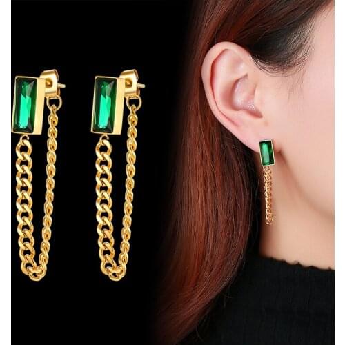 Chain Link Dangle Earrings with Cubic Zirconia Green Stone Studs for Women Gifts