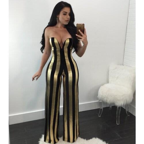 2021 Sexy Womens Gold Black Deep V Neck Striped Rompers Elegant Off Shoulder Bodysuit Party Overalls Wide Leg Jumpsuits