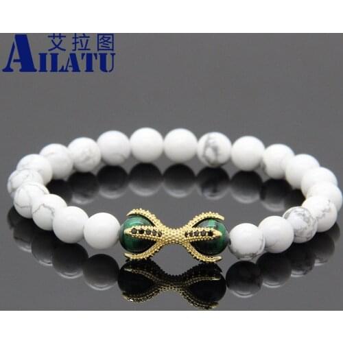 Ailatu 10pcs Green Tiger Eye Eagle Paw Charm Bracelet Micro Inlay Black CZ White Howlite Marble Stone