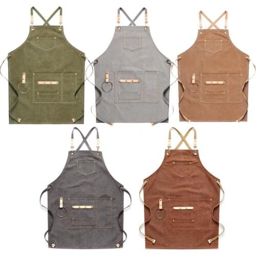Canvas Apron Bib Leather Chef Kitchen Apron for Women Men Barista Bartender Pockets Home Barber Cook Coffee Restaurant