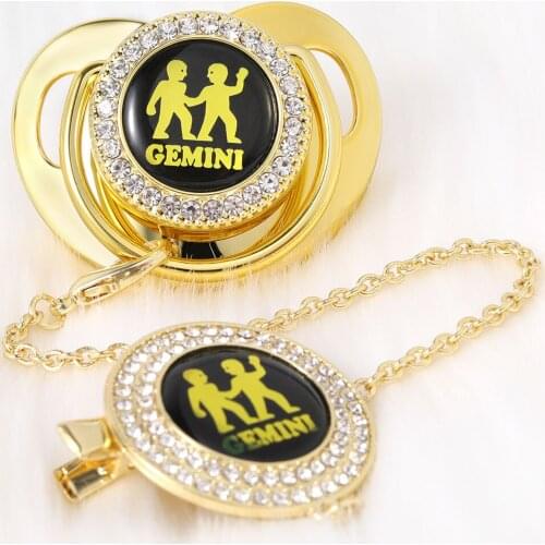 Luxury Black Bling Baby Pacifier And Clip Popular Pacifier Gold Unique 12 Constellations Name Baby Shower Gift chupetes de lujo