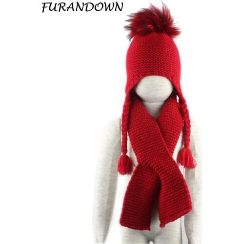 2019 Warm Knitted Winter Hat Scarf Set For Children Earflap Beanie Baby Real Raccoon Fur Pompon Hat And scarf set