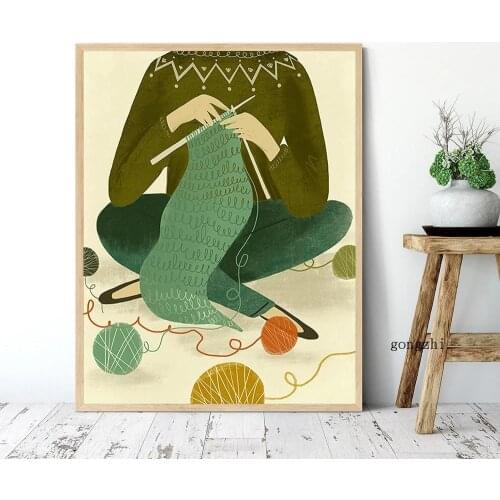 Girl Knitting Sweater Abstract Vintage Poster Watercolor Canvas Painting and Prints Wall Art Picture for Living Room Home Decor