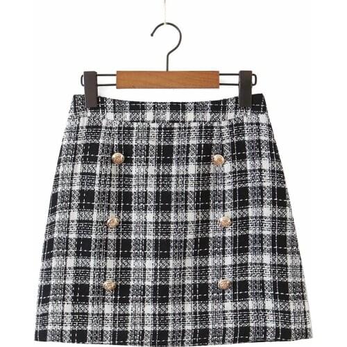 European and American womens retro double-row buckle black and white plaid coarsely woven small fragrance skirt DLbsq410