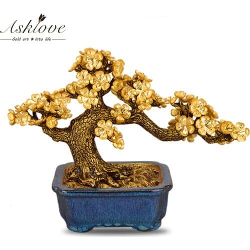 Feng shui Plum Blossom Tree Artificial Plant Bonsai Gold Foil Ornaments Fake Gold Pot Plants Ornaments Home Decor Crafts Gifts