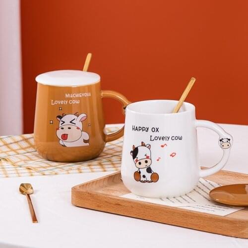 Interesting Cow Coffee Mugs Home Spoon Cups Breakfast Milk Mug Cartoon Coffee Mug Ceramic Coffee Cup Christmas Gift