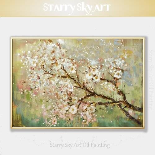 Skilled Artist Pure Hand-painted High Quality Blooming Floral Oil Painting on Canvas Beautiful Flower Peach Branch Oil Painting