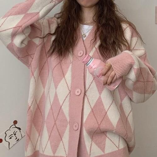 Oversized Cardigan Women Winter Sweater Knitted Argyle Sweater Loose Single Breast Student Korean Knitwear Pink Knit Sweat Femme