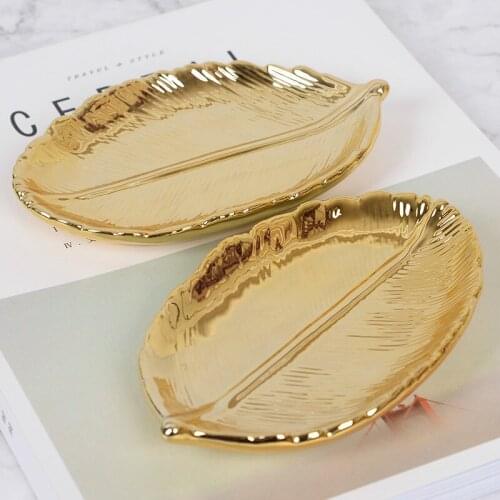 Golden leaf ceramic storage tray Golden leaf jewelry plate ins dried fruit dish home decoration ornaments