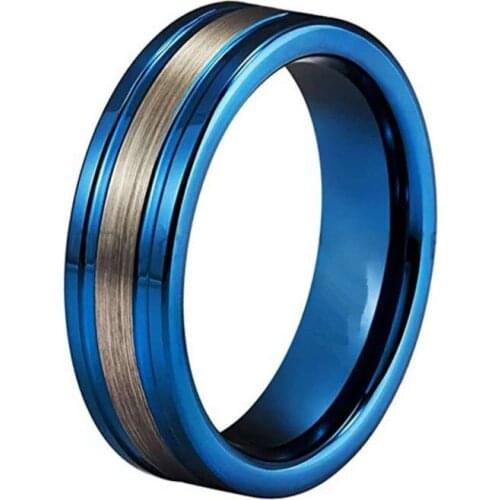 Stainless steel jewelry 8mm blue with two groove silver interface mens ring jewelry accessories