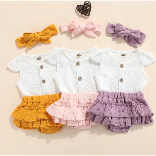 3pcs Newborn Infant Baby Girls Clothes Sets Cute Cotton Soft Solid Fly Sleeve T Shirts Tops+Ruffle Shorts+Headdress Outfits Suit