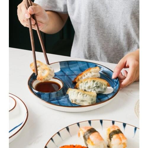 Internet celebrity creative Japanese ceramic plate hand-painted round dumpling plate household food plate sushi plate grid