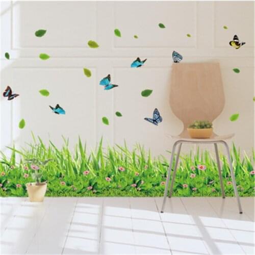 Green Grass Flower Wall Stickers For Kids Room Kindergarten Butterfly Leaves Wallpaper Home Decor Self Adhesive Waterproof Mural