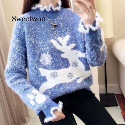 New Autumn Winter Knit Women Christmas Sweaters Semi-turtleneck Winter Pullovers Turtleneck Female Casual Elk Sweaters Red