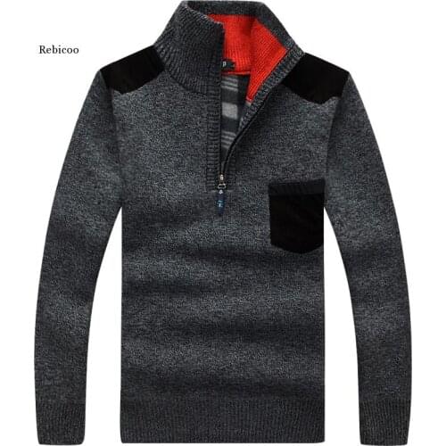 New Winter Mens Pullover Knitted Sweater Male Wool Fleece Thick Casual Pullover Patchwork Warm Pocket Sweater Standing Collar