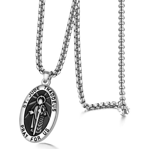 BONISKISS Vintage Mens Silver Color Pendant Necklace Stainless Steel SAINT JUDE THADDEUS Jesus Oval Medal Christian Necklace
