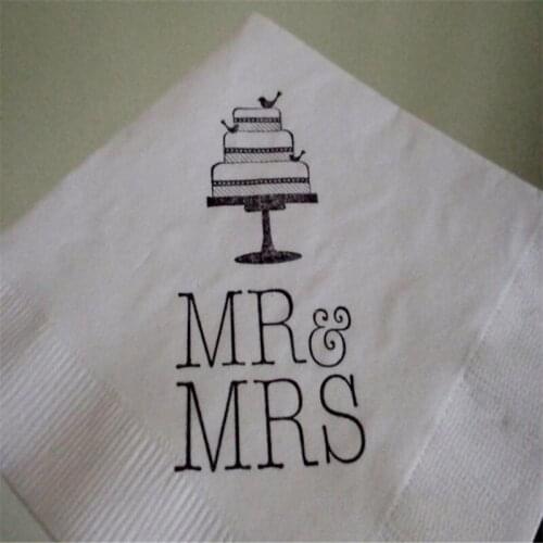 Personalized Cocktail Napkins Simple White Love Bird Cake Stand Mr and Mrs Wedding 3 Ply Paper Beverage Simple Wedding Decor