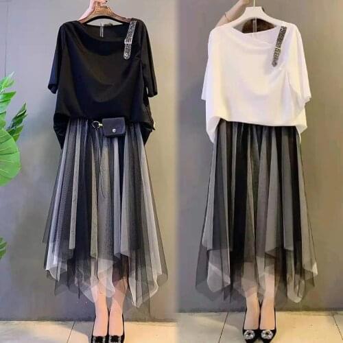Plus Size Mesh 2 Pieces Women Sets Summer New 2021 Solid Sequined Asymmetrical T-Shirts And Skirts Elegant Female Clothing Suits