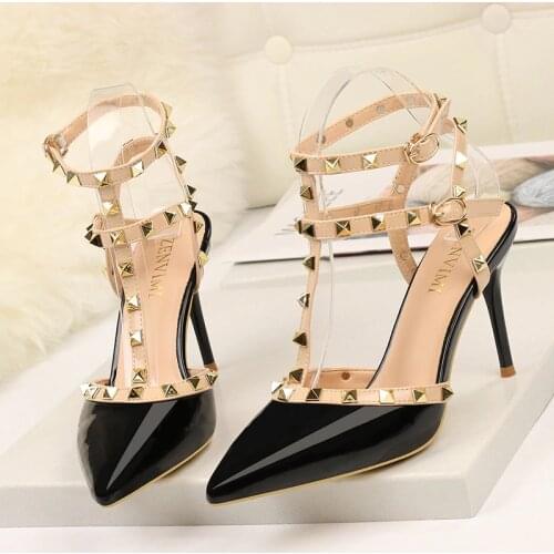 High heel single shoes womens summer style sandals 2019 autumn 9CM PUMPS Fashion rivet ladies pointed shallow mouth