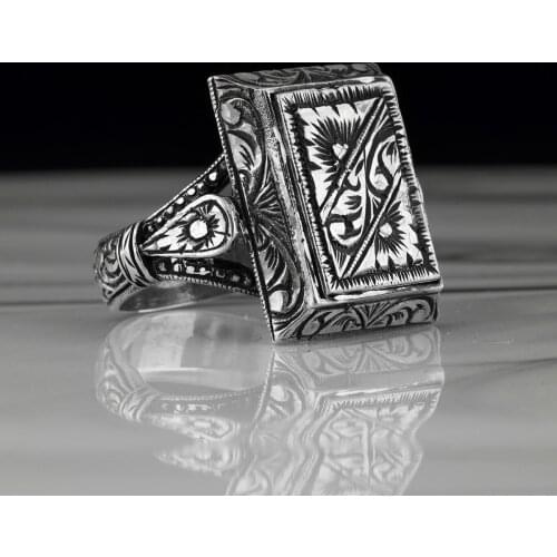 Turkey Jewelry Patterned Embroidered Handmade Turkish Jewelry Rings Vintage Punk Thai Silver Onyx Jewelry to Male 925 Sterling