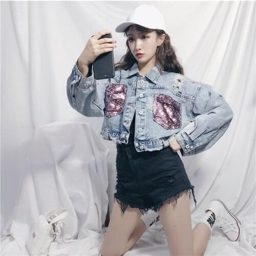 Korean Fashion Sequins Pocket Denim Jacket Women Harajuku Basic Jackets Loose Jean Overcoat Casual Streetwear Female Outwear Top