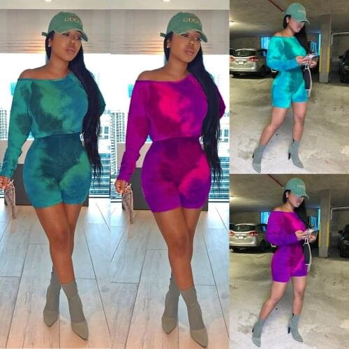2021 Newest Spring Summer Tie-dye Print Women Outfits 2PCS Sexy One Shoulder Long Sleeves Short T Short + Hot Shorts Streetwear