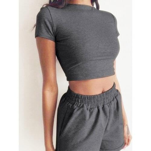 Women Tracksuit Casual Ribs Sports Solid Matching Suit Short Sleeve + Straps Hollow Shorts Elastic Slim Fitness 2 Piece Set