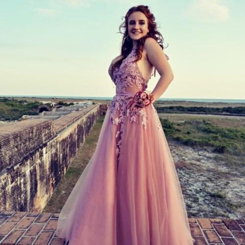 Sexy Halter A Line Prom Dress 2021 Long Colorful Charming Sleeveless Tulle Lace Up Appliques Floor Length Prom Dresses