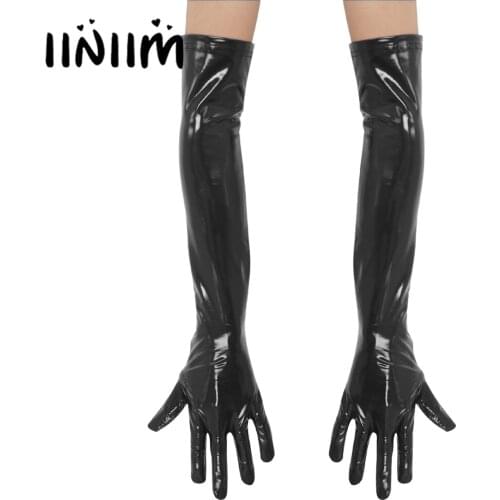 1 Pair Black Red Gloves for Womens Wet Look Patent Leather Long Gloves Costume Accessories for Banquet Opera Performance